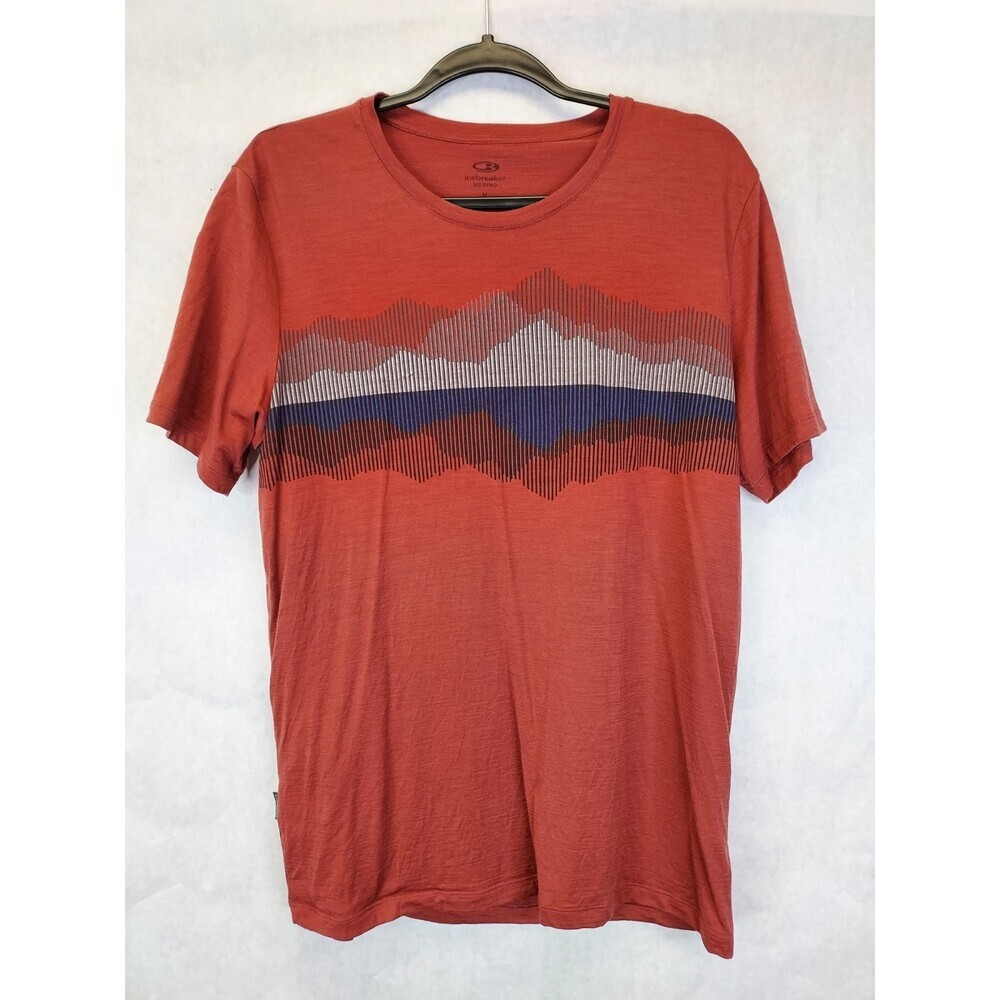 Icebreaker Cool Lite T-Shirt Men's M Merino Wool Rust Mountains Base Layer Flaw